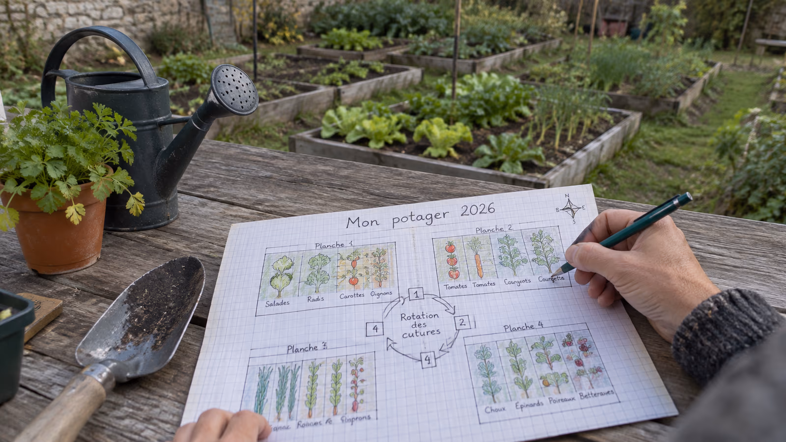 Main dessinant le plan d'un potager 2026 sur papier quadrillé, arrosoir et outils posés sur une table en bois