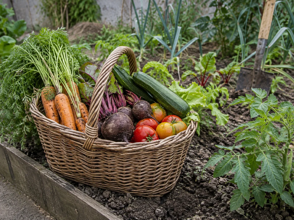 Récolte du potager dans un panier en osier