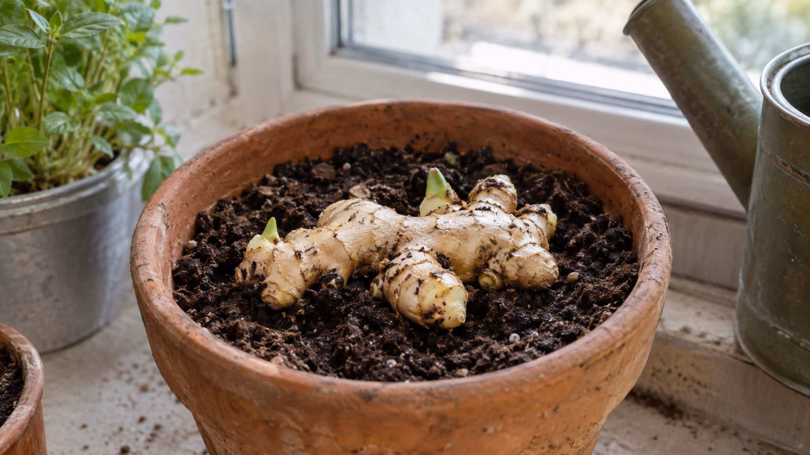 Rhizome de gingembre frais bourgeonné posé sur terreau dans un pot en terre cuite près d'une fenêtre lumineuse