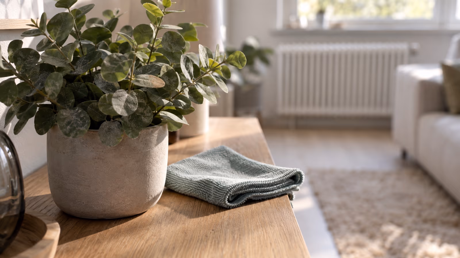 Plante artificielle au feuillage d'eucalyptus dans un pot en grès sur un buffet en bois clair, chiffon microfibre plié à côté, radiateur blanc au fond de la pièce