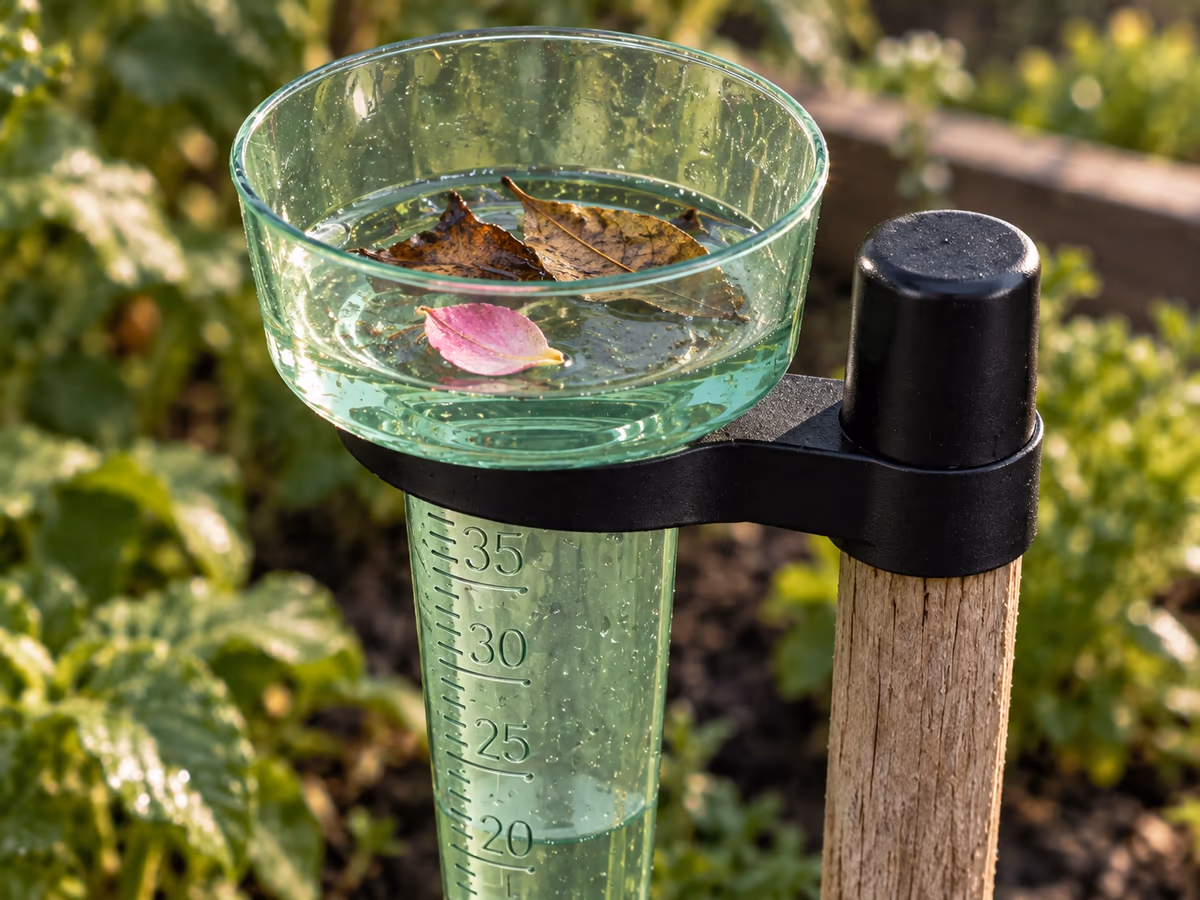 Gros plan sur la coupelle évasée d'un pluviomètre de jardin, quelques feuilles mortes et un pétale posés au fond, graduations du tube visibles