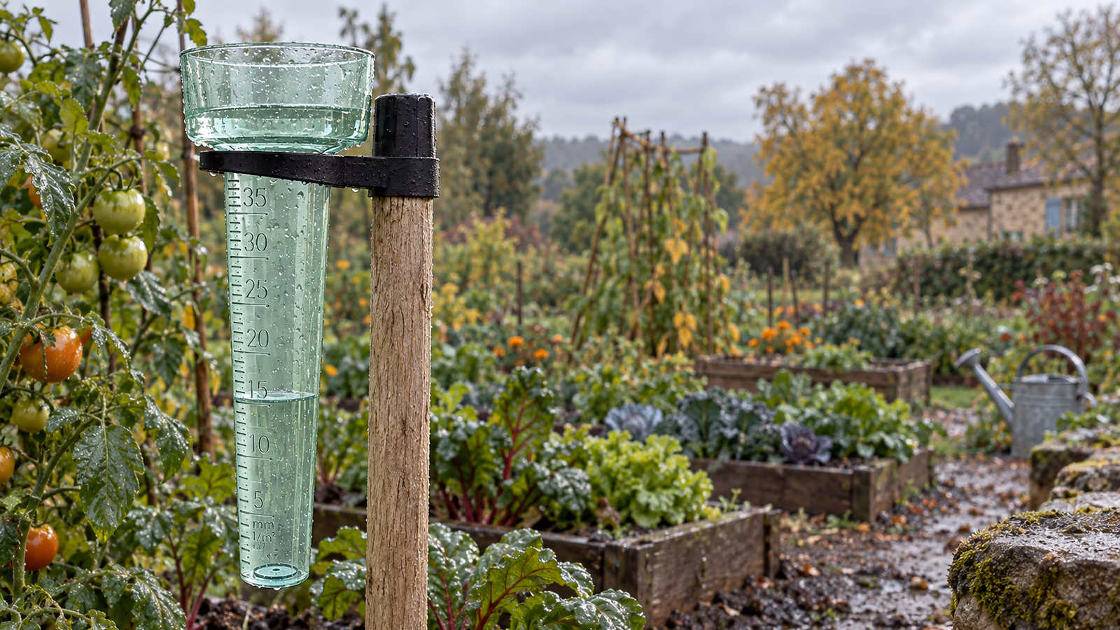 Pluviomètre à tube gradué monté sur son piquet au bord d'un carré de potager, eau de pluie accumulée dans le tube, ciel gris de fin septembre