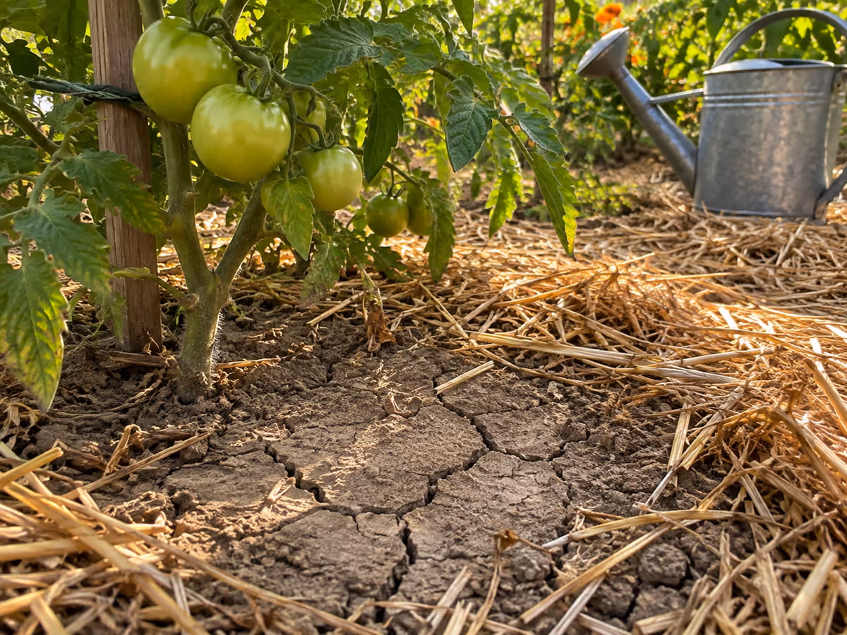 Terre sèche et fendillée au pied d'un plant de tomate en fin d'été, arrosoir posé à distance sur un carré paillé