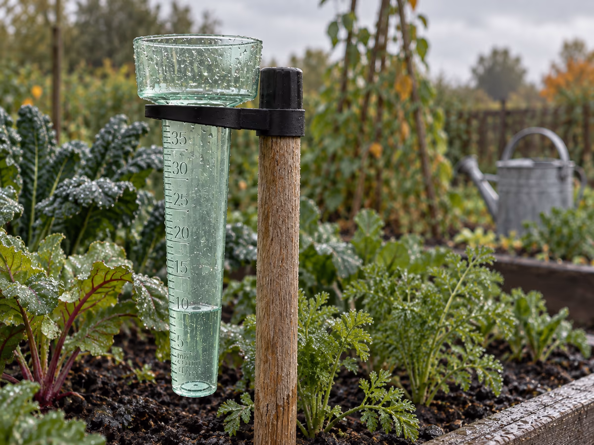Pluviomètre de jardin sur son piquet, tube translucide rempli d'eau de pluie au-dessus du repère dix millimètres, potager mouillé en arrière-plan
