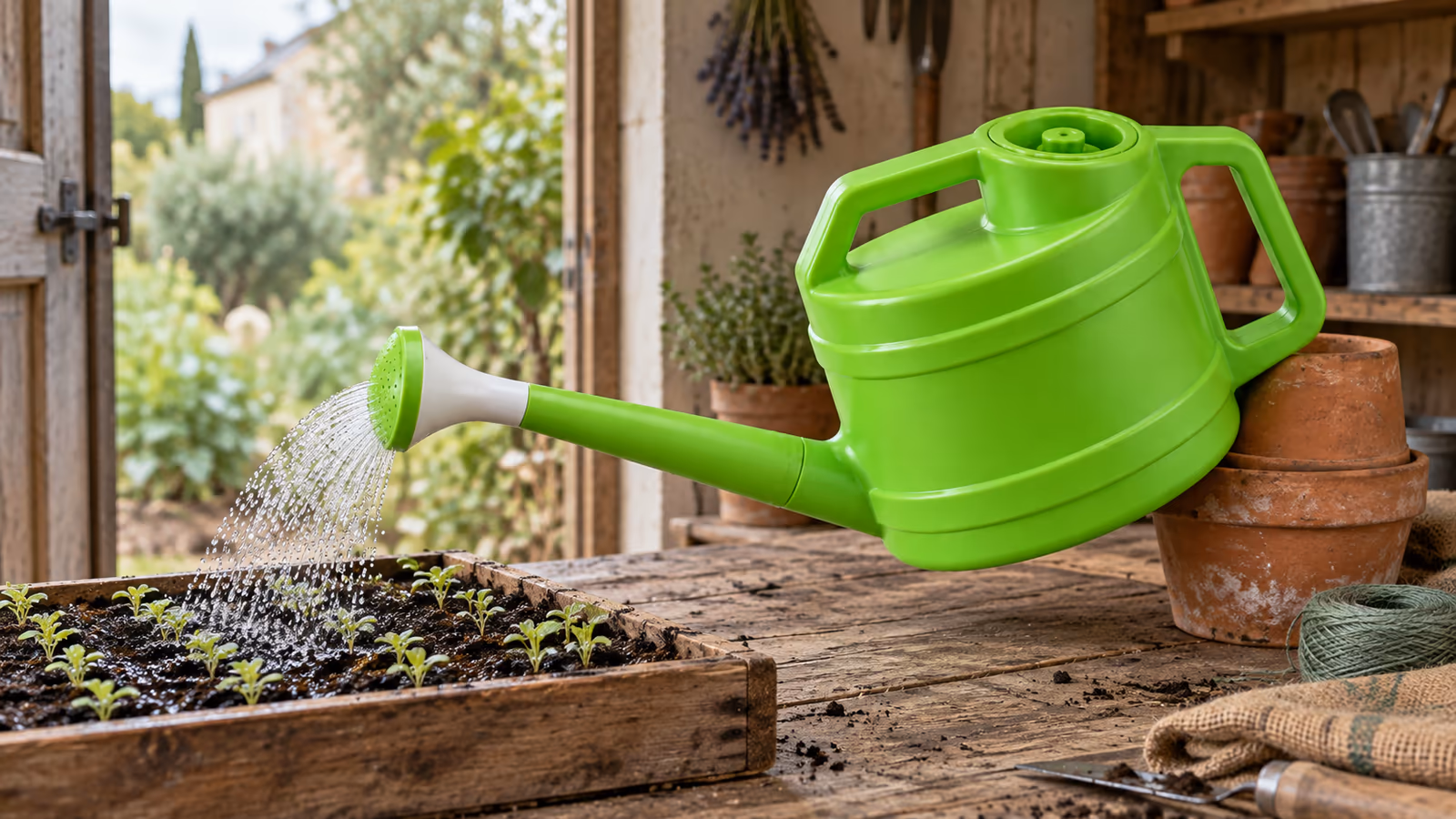 Arrosoir vert incliné dont la pomme verse une pluie fine au-dessus d'une caissette de semis