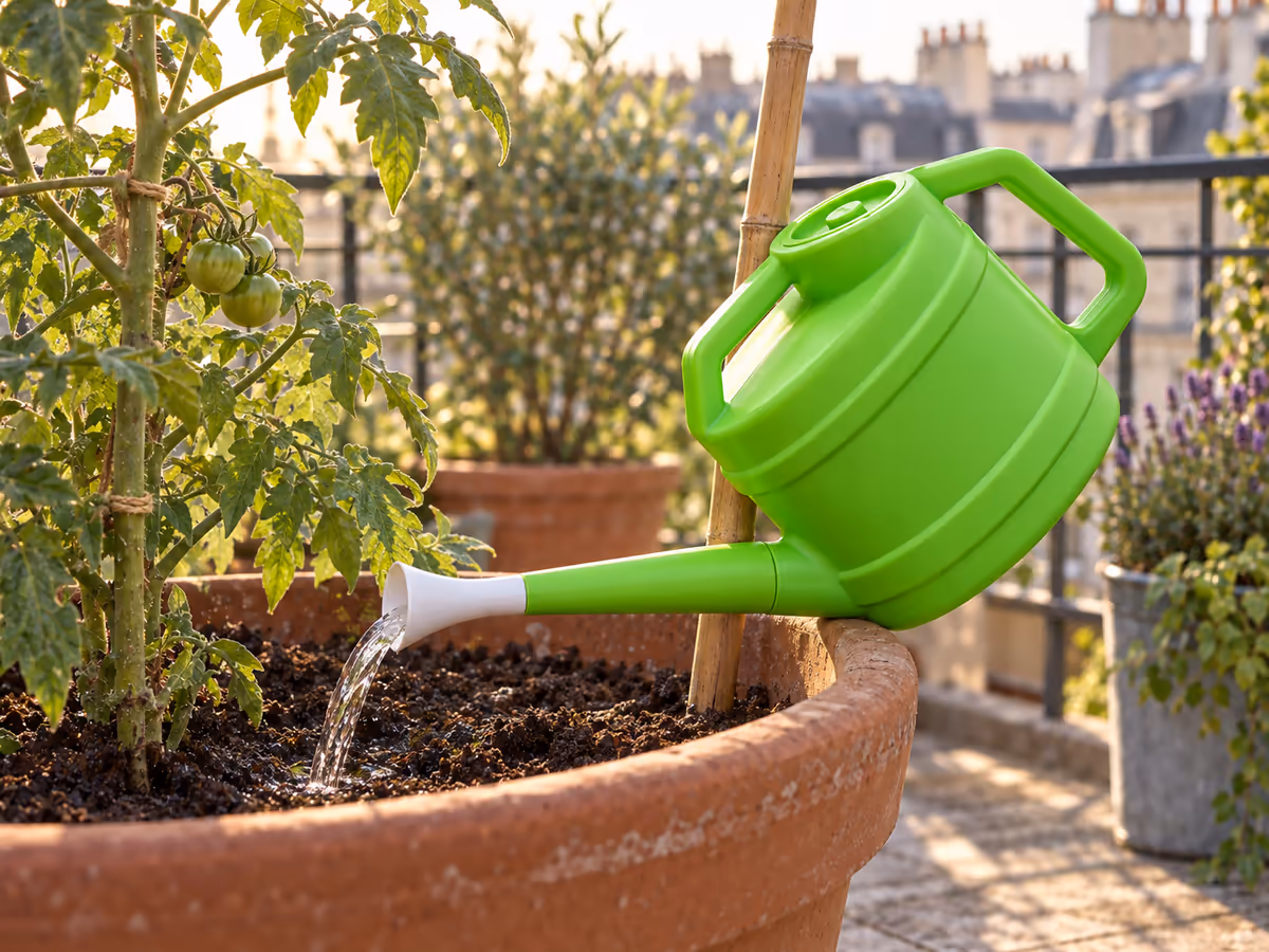 Bec d'arrosoir sans pomme versant un filet d'eau au pied d'un plant de tomate en pot