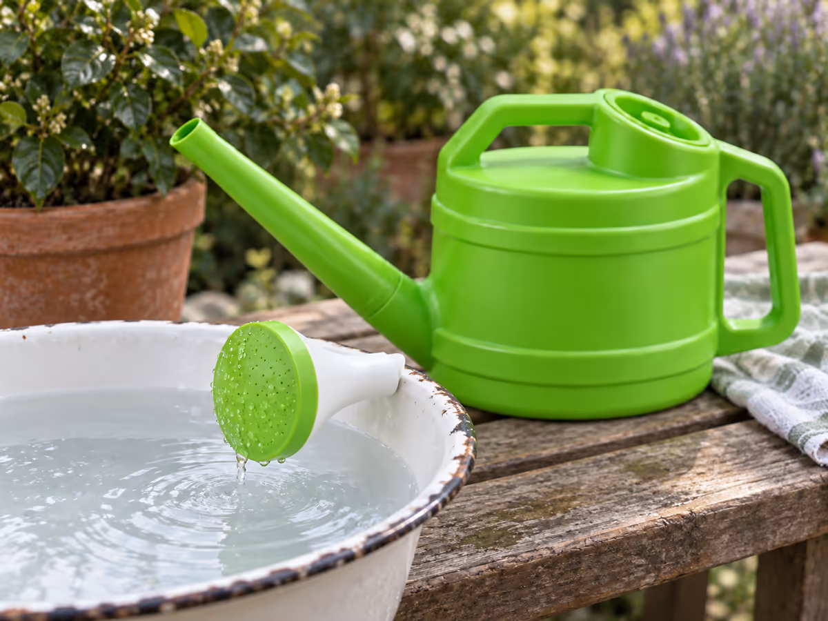 Pomme d'arrosoir amovible tenue au-dessus d'un pot, gouttelettes en suspension au-dessus d'un feuillage