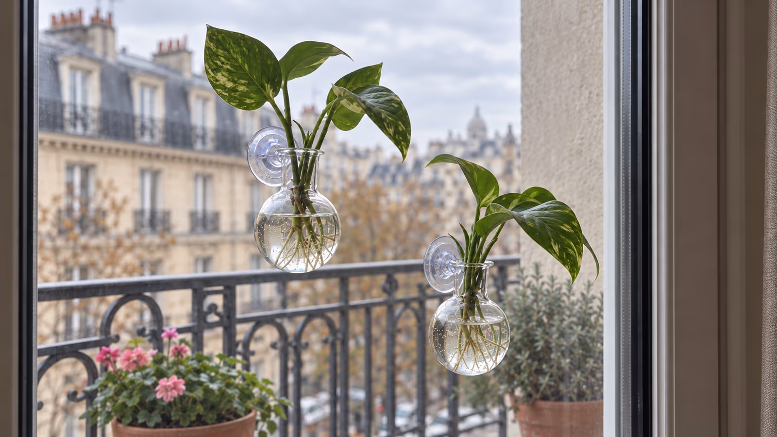 Deux vases muraux transparents suspendus à une vitre de balcon, tiges de pothos plongées dans l'eau, lumière grise de fin d'automne