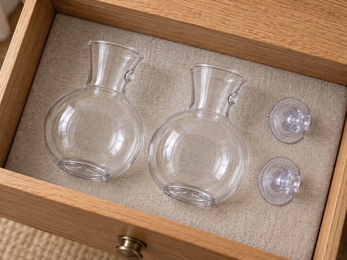 Deux vases muraux transparents vides et essuyés, rangés à plat dans un tiroir avec leurs crochets ventouse démontés