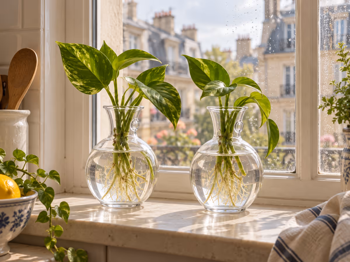 Deux vases muraux transparents posés sur un appui de fenêtre de cuisine, tiges de pothos enracinées dans l'eau claire, lumière douce d'intérieur