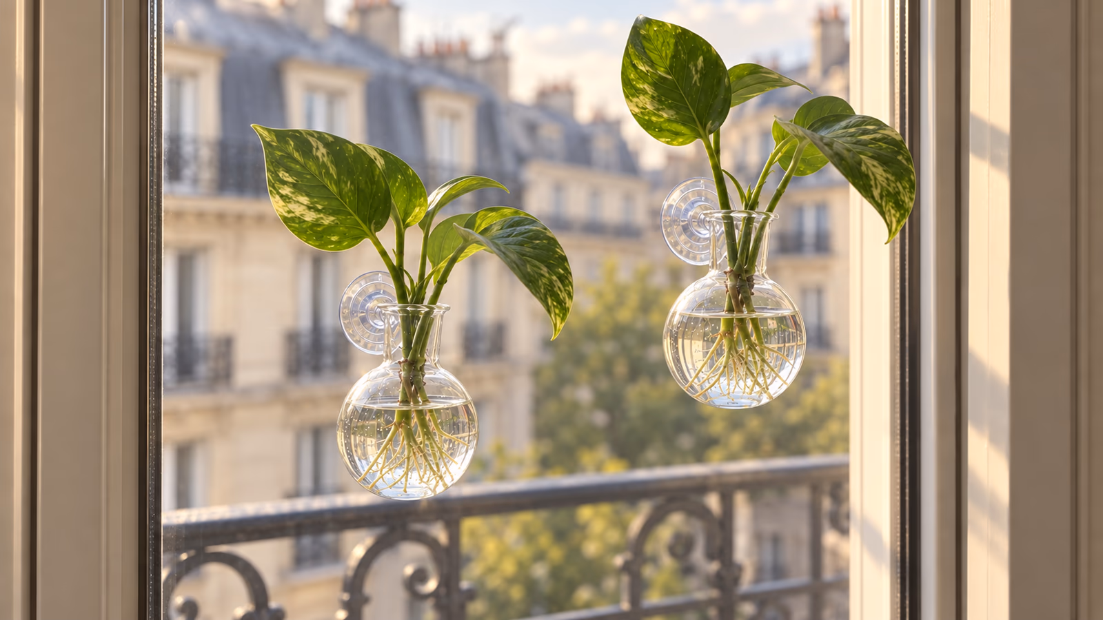 Deux vases muraux transparents suspendus par leur ventouse sur une vitre de balcon, une bouture de pothos dans chacun, lumière de fin d'après-midi
