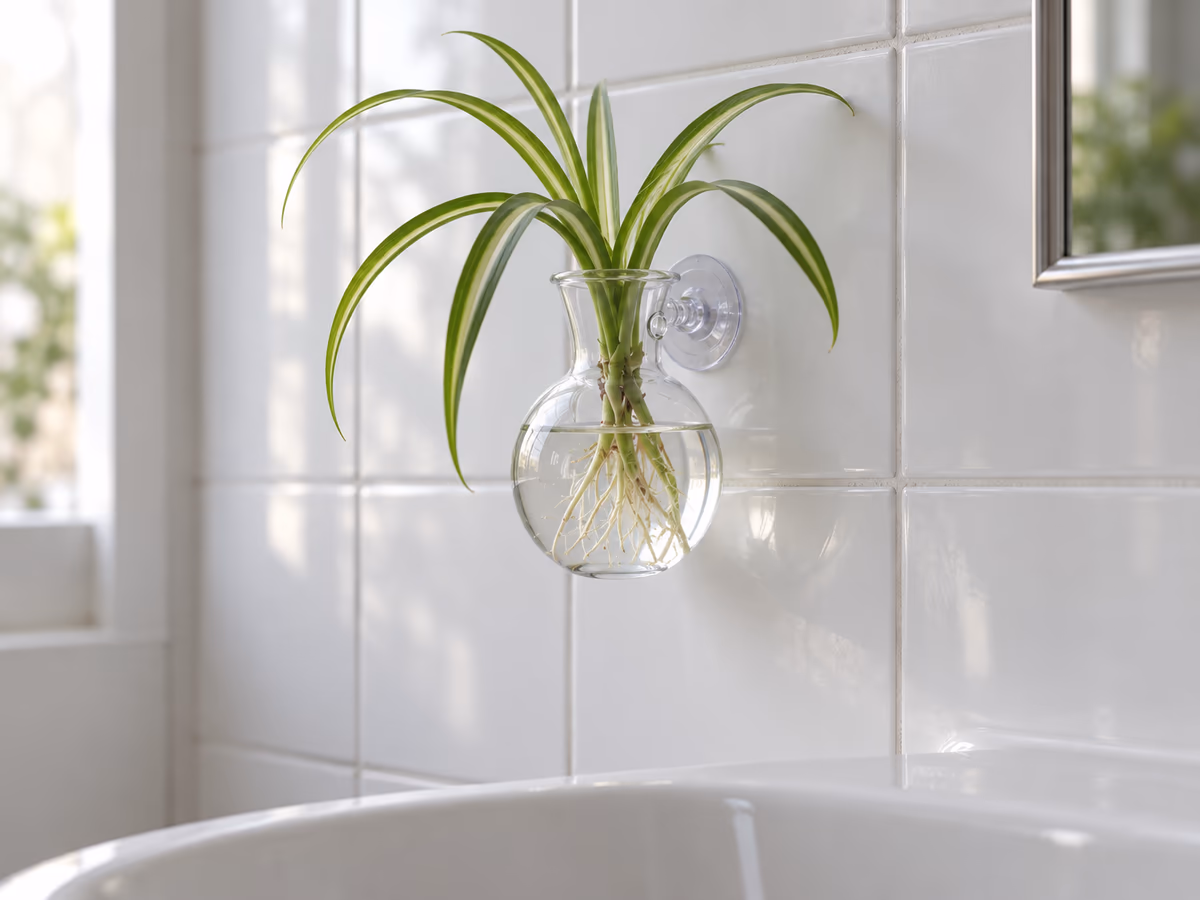 Un vase mural transparent fixé par ventouse sur le carrelage blanc d'une salle de bains, bouture de chlorophytum, racines visibles dans l'eau