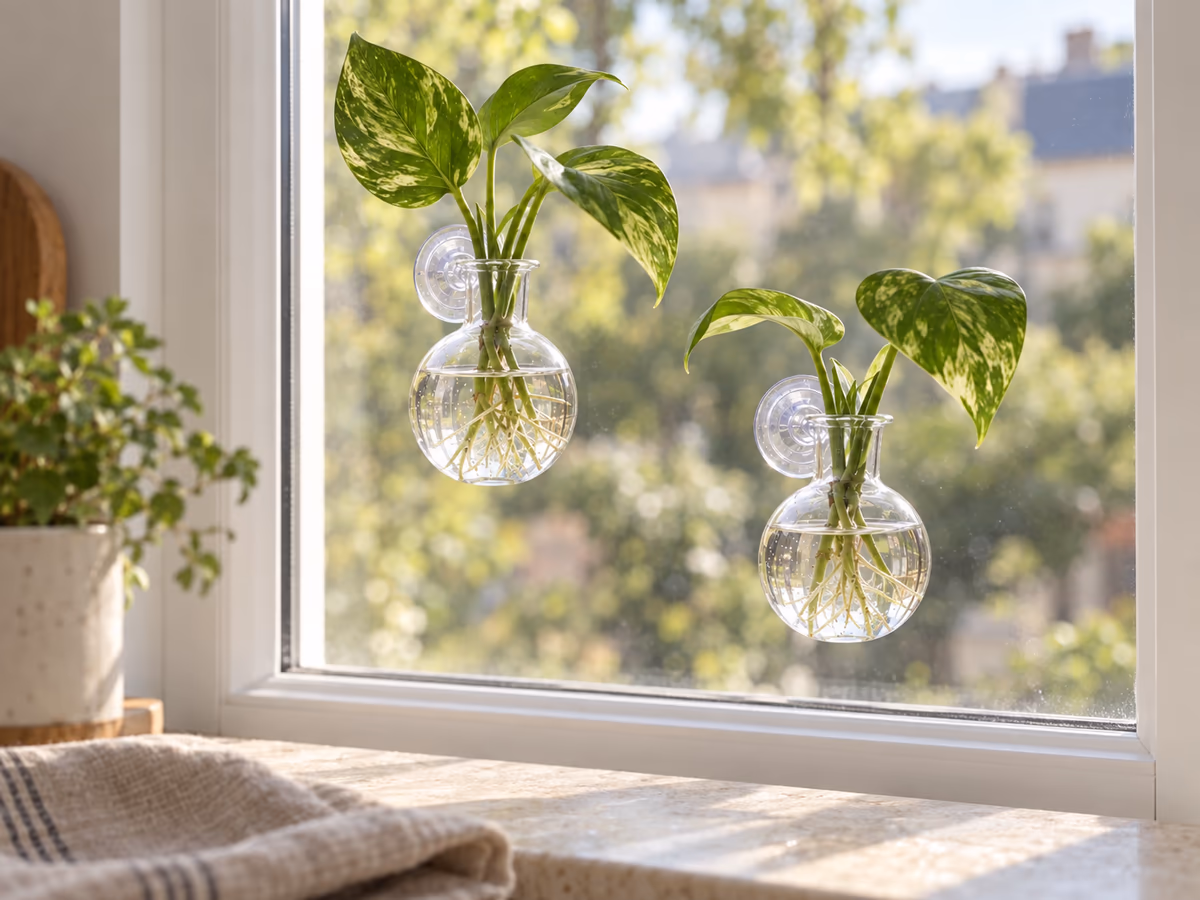 Deux vases muraux transparents à ventouse sur la vitre d'une fenêtre de cuisine, boutures de pothos dans l'eau, lumière du matin sur le plan de travail