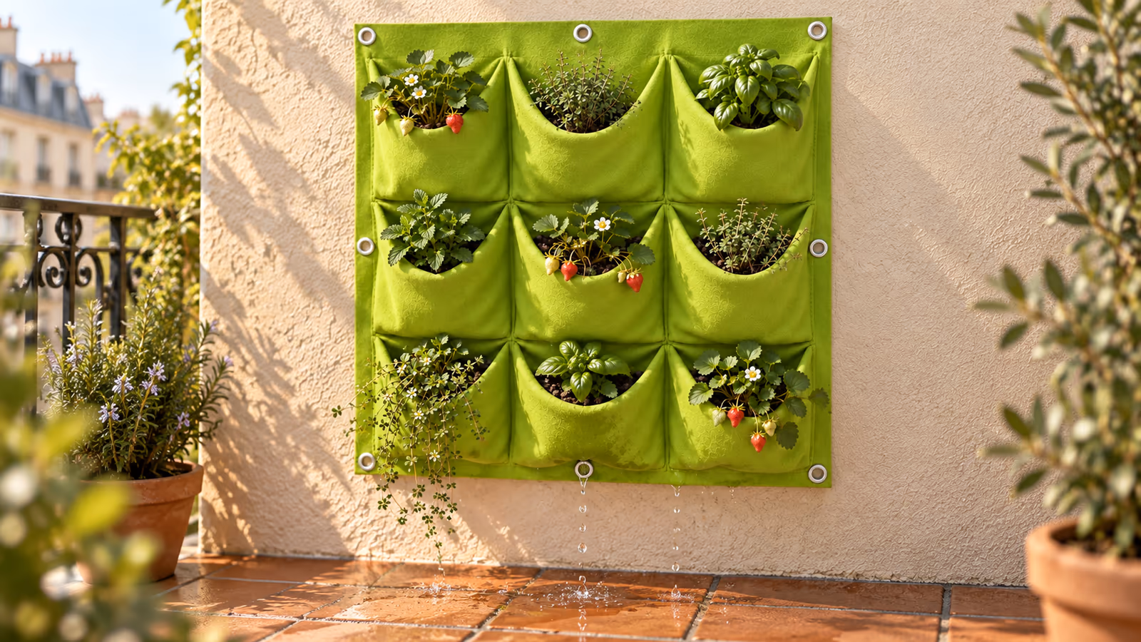 Panneau de feutre vert clair à neuf pochettes fixé sur un mur de balcon, gouttes d'eau sous la rangée du bas et aromatiques fraîchement plantées