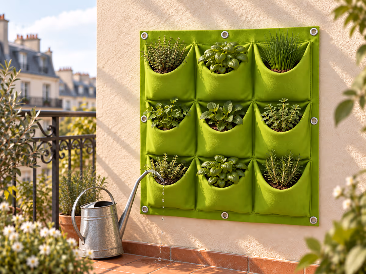 Arrosoir à bec fin versé au pied d'une pochette de feutre plantée de thym, les autres pochettes sèches autour, lumière du matin sur un mur de balcon