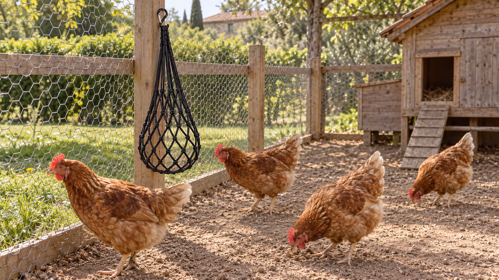 Poules rousses sur un sol nu et tassé devant un poulailler en bois, herbe absente, grillage au fond