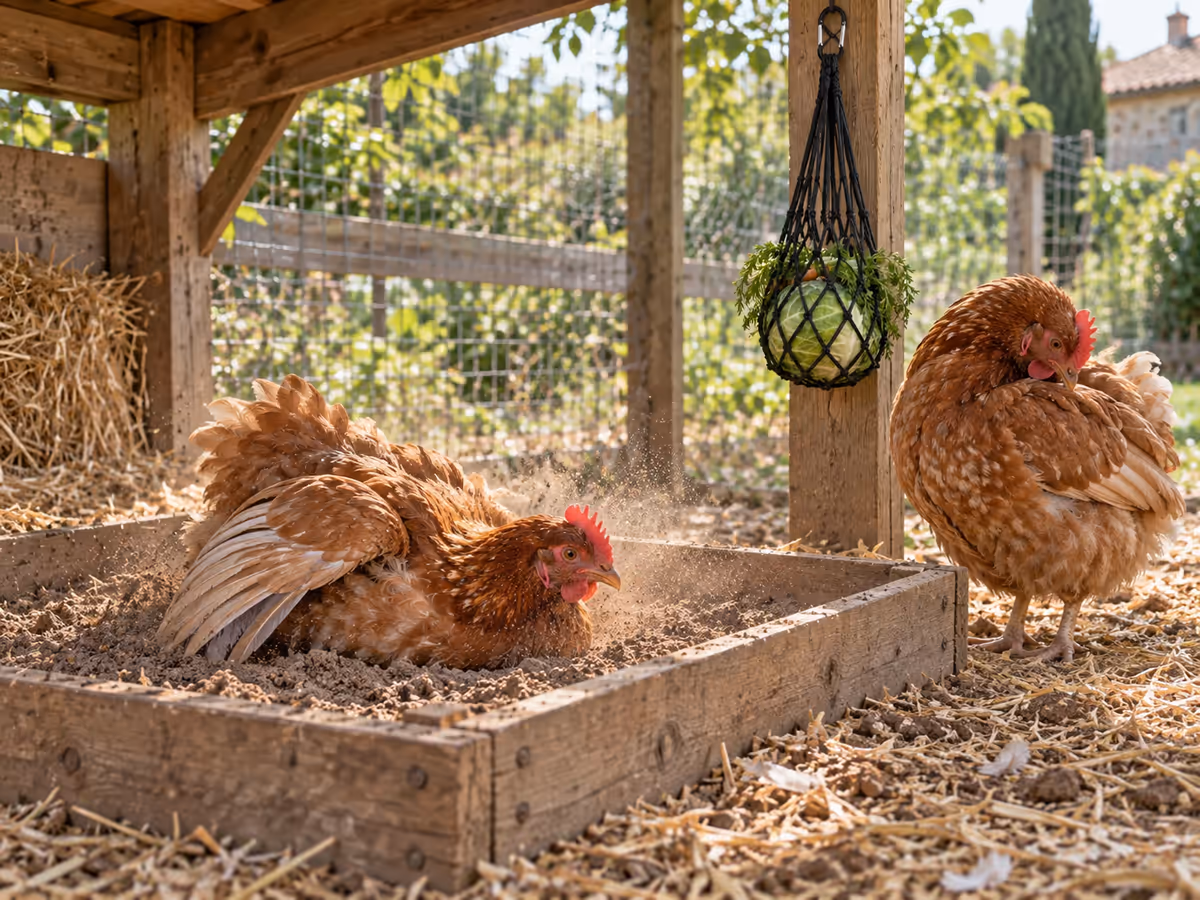 Bac à poussière en bois sous un appentis, terre sèche et sable, deux poules rousses qui s'y épouillent
