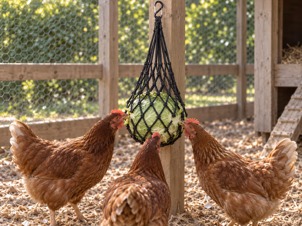 Filet noir à verdure garni d'un chou vert, suspendu à un poteau du parc, trois poules qui picorent dessous