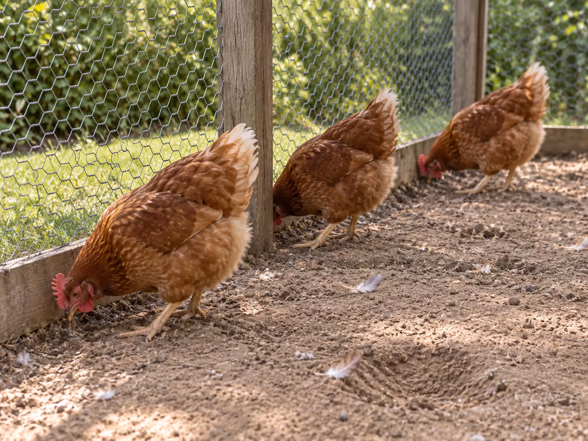 Parc de poules au sol entièrement nu et tassé, quelques poules rousses qui grattent la terre le long du grillage
