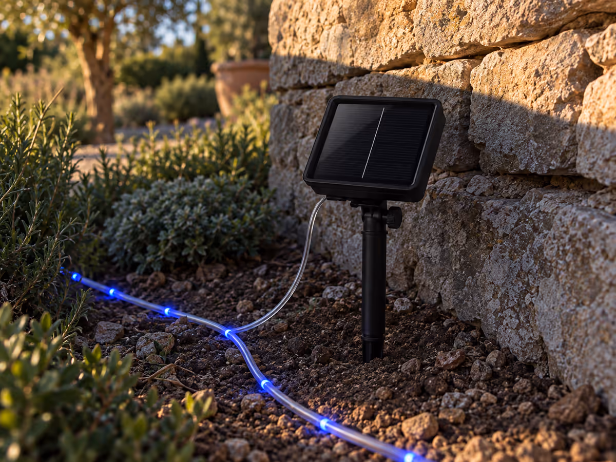Ombre d'un muret recouvrant un petit panneau solaire planté dans la terre