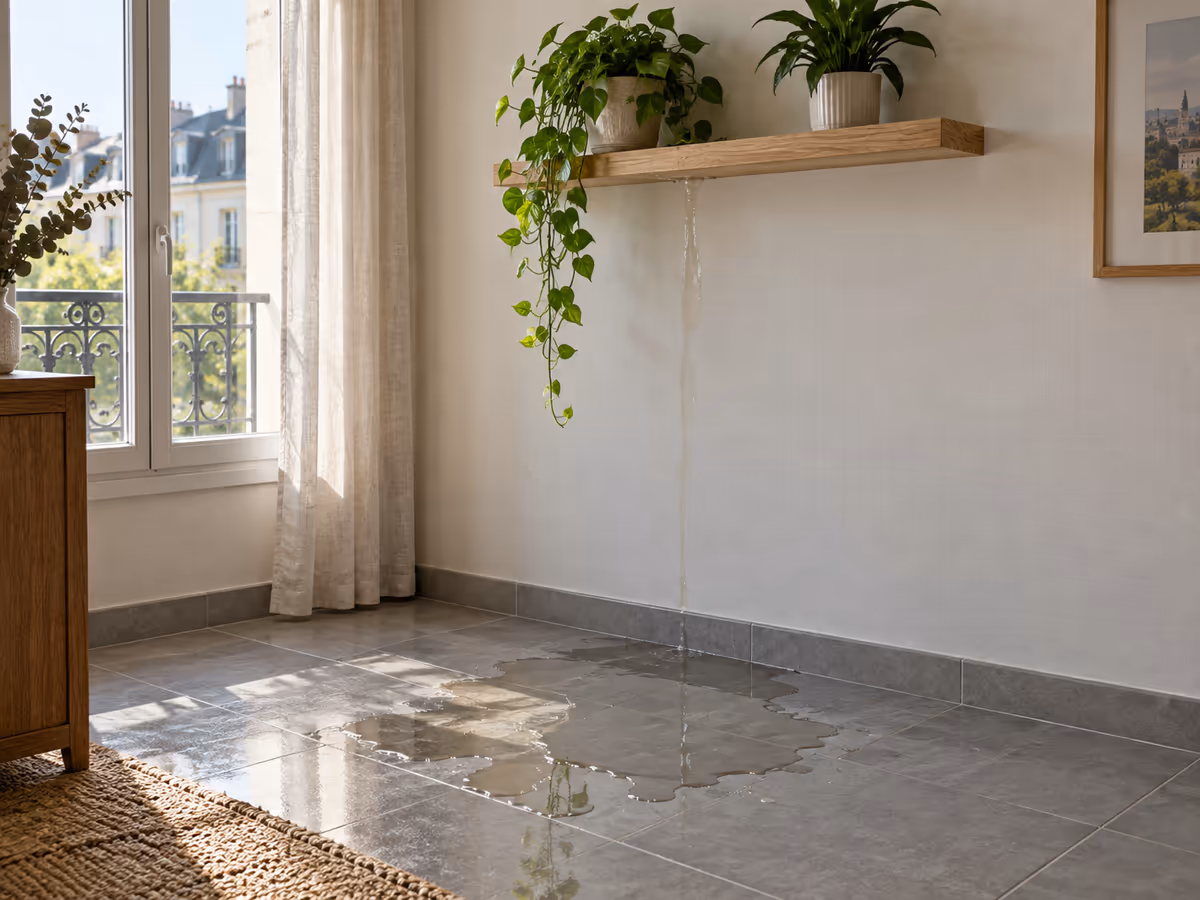Sol intérieur en carrelage clair avec une flaque d'eau sous une étagère à plantes