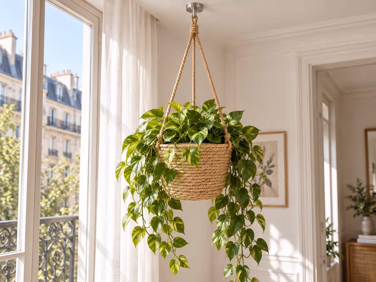 Crochet solide en métal fixé au plafond tenant une plante suspendue volumineuse
