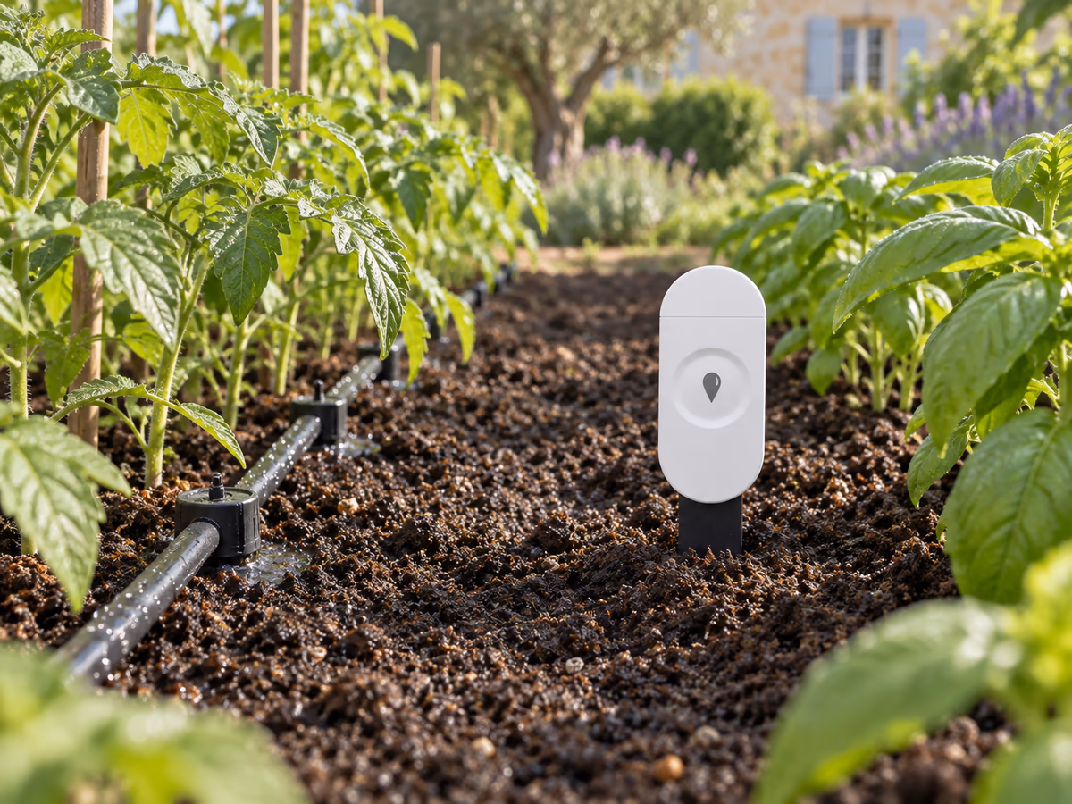 Ligne de goutte-à-goutte courant dans une planche de potager, capteur de sol planté à bonne distance de la rampe, terre fraîche entre les rangs