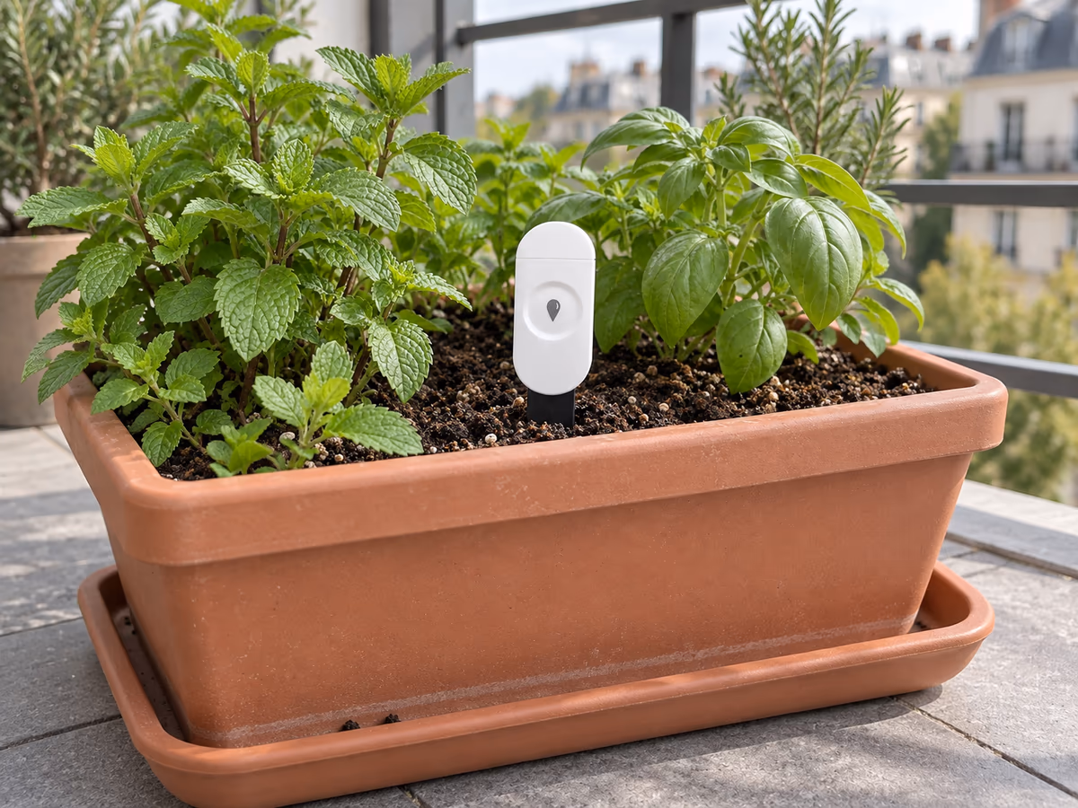 Jardinière de balcon posée sur une soucoupe vide, capteur de sol blanc planté dans la terre et boîtier dégagé au-dessus du feuillage