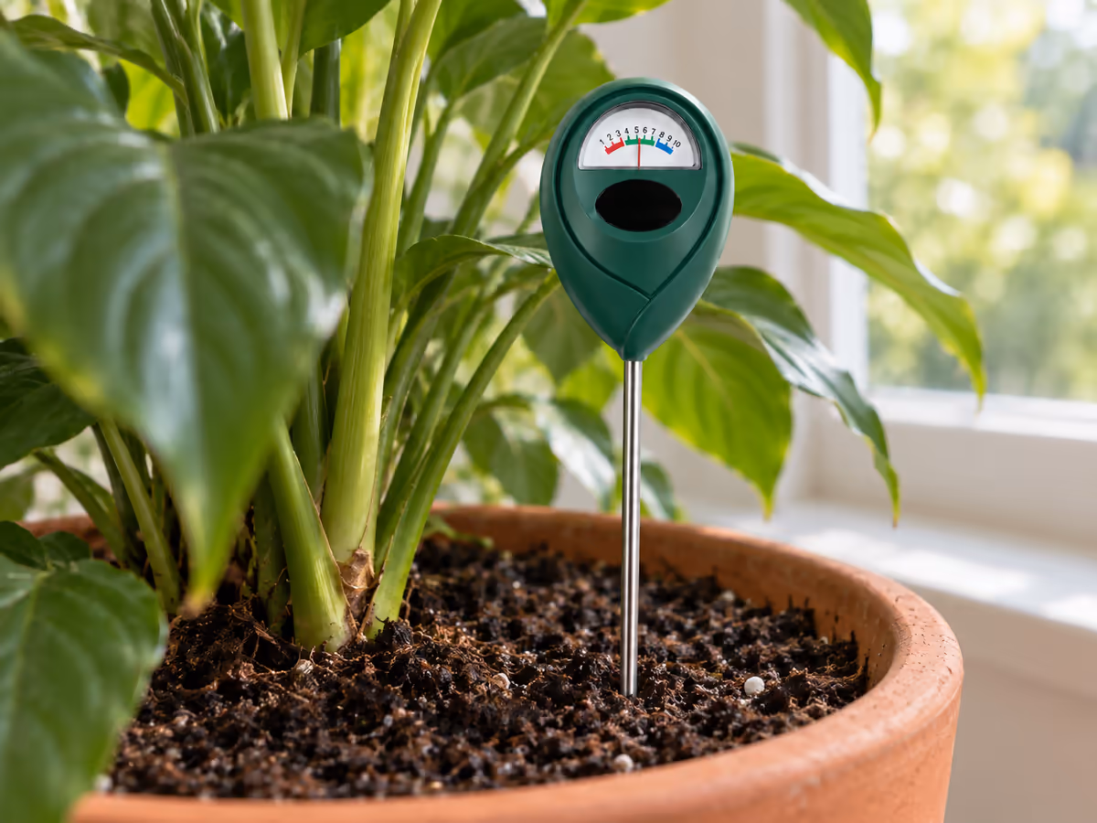 Tige métallique d'un humidimètre plantée dans le terreau d'un pot, à quelques centimètres du collet d'une plante verte, cadran resté dégagé au-dessus de la surface