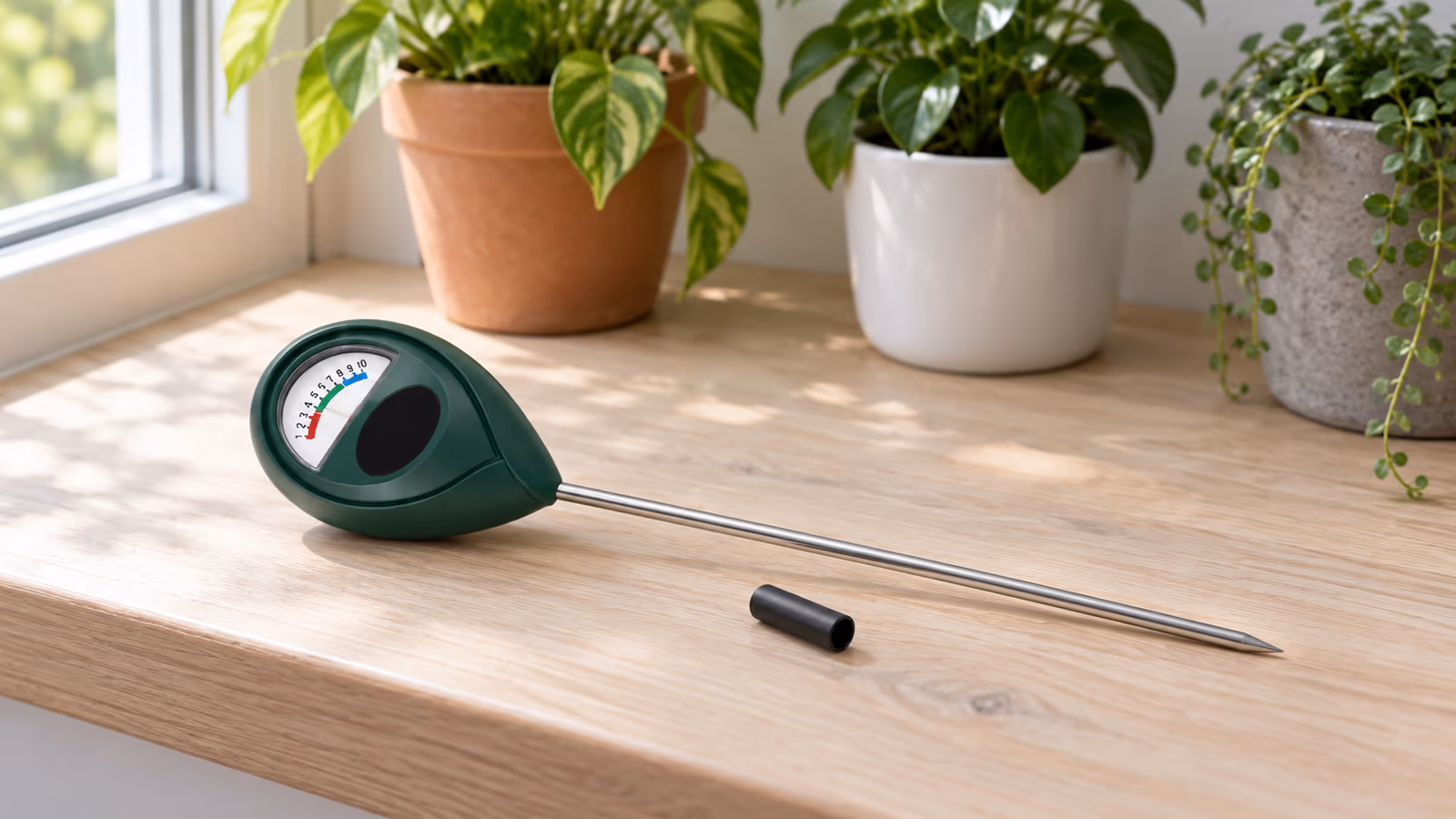 Humidimètre à pointes posé sur un rebord de fenêtre devant trois pots de plantes d'intérieur, capuchon de protection posé à côté de la tige métallique
