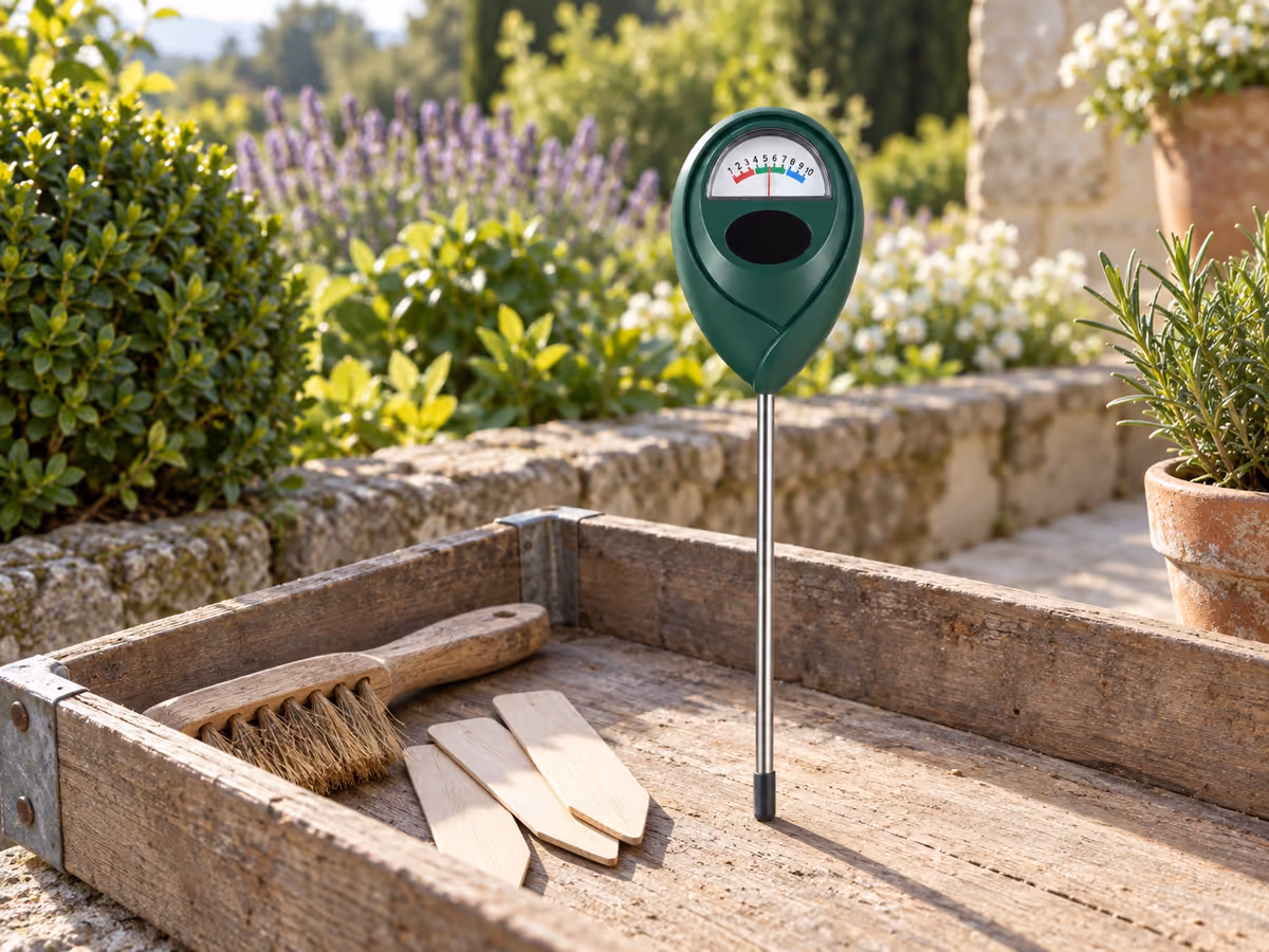 Humidimètre vert rangé debout dans un bac d'outils de jardin, pointes vers le bas, capuchon de protection clipsé sur la tige métallique, étiquettes de potager à côté