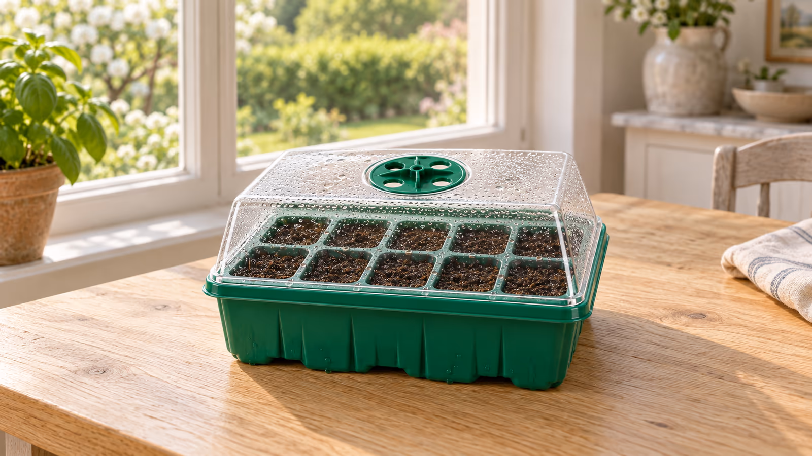 Mini serre de germination verte assemblée sur une table en bois, près d'une fenêtre lumineuse