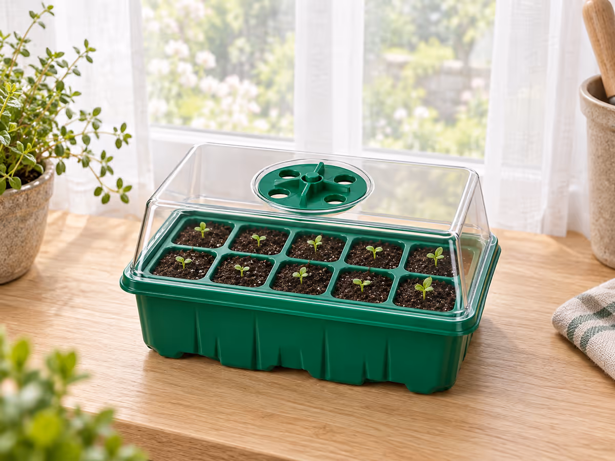 Mini serre de germination posée sur une table, lumière indirecte