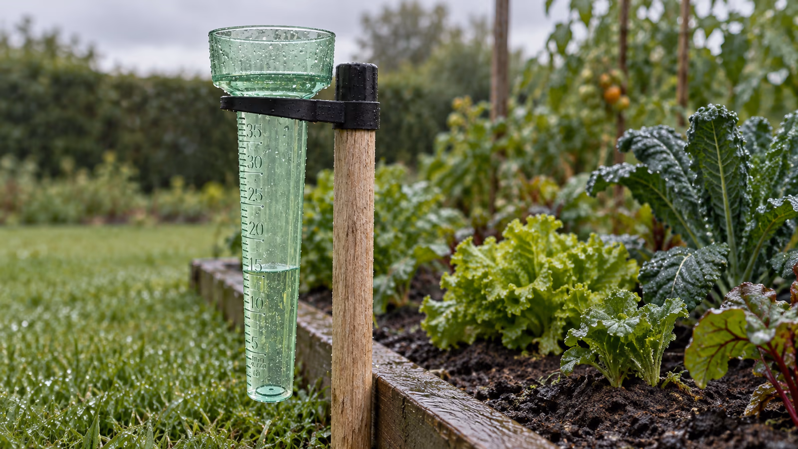 Pluviomètre de jardin sur son piquet au bord d'une planche de potager, paroi translucide couverte de gouttes, graduation lisible, lumière grise d'après averse