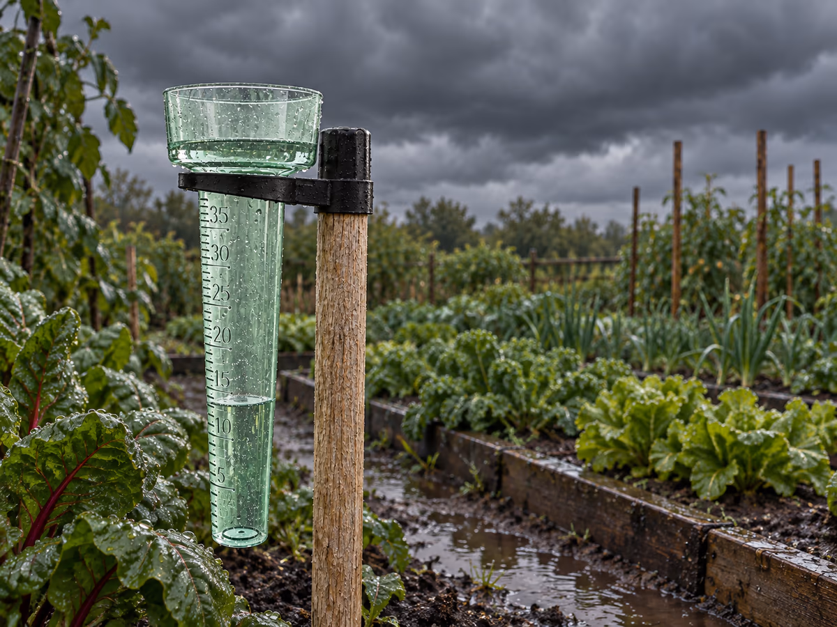 Ciel d'orage au-dessus d'un potager, pluviomètre gradué en place sur son piquet au premier plan, lumière grise et nuages bas, planche de légumes détrempée