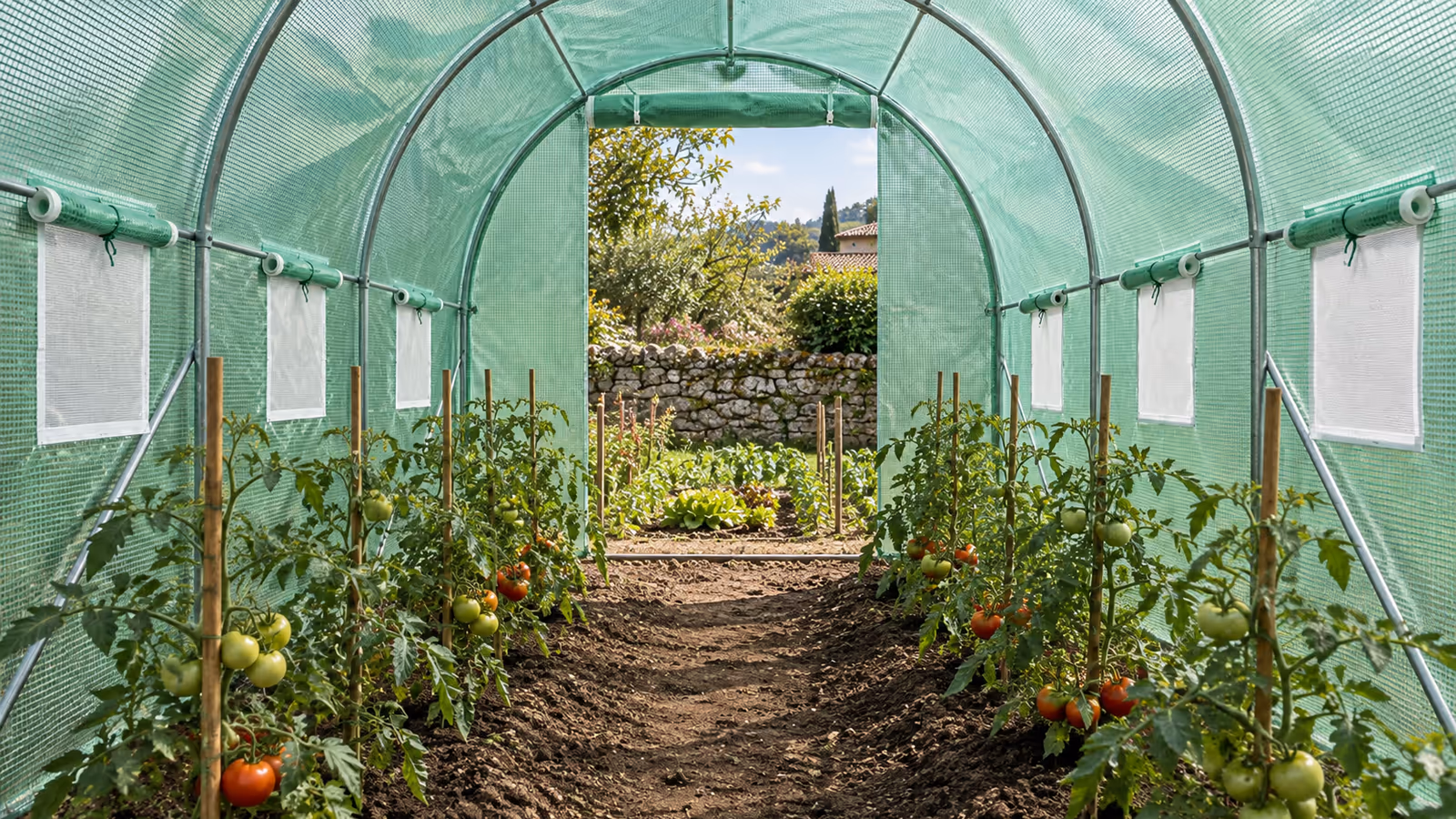 Intérieur d'une serre tunnel de marche en été, porte enroulée et fenêtres à maille ouvertes, plants de tomates en rangs