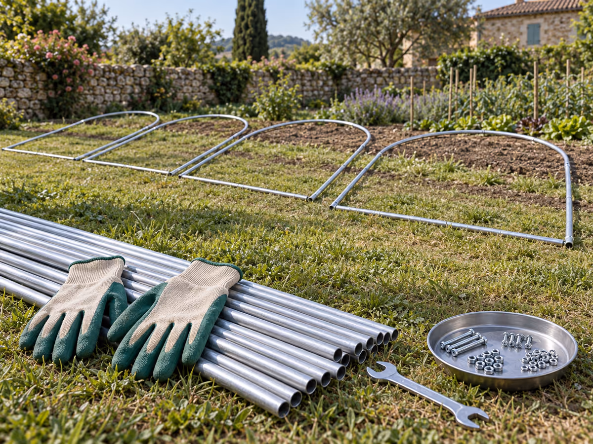 Gants de jardin posés sur des tubes d'acier galvanisé et une clé plate, arceaux de serre tunnel alignés au sol