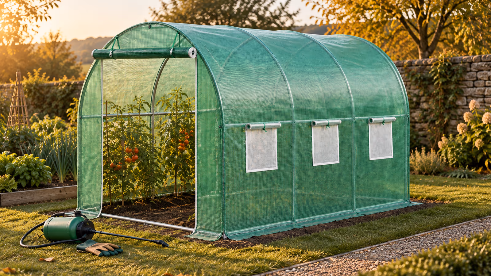 Serre tunnel de jardin en acier galvanisé et bâche verte, fenêtres enroulables ouvertes, pulvérisateur posé à l'extérieur devant la porte