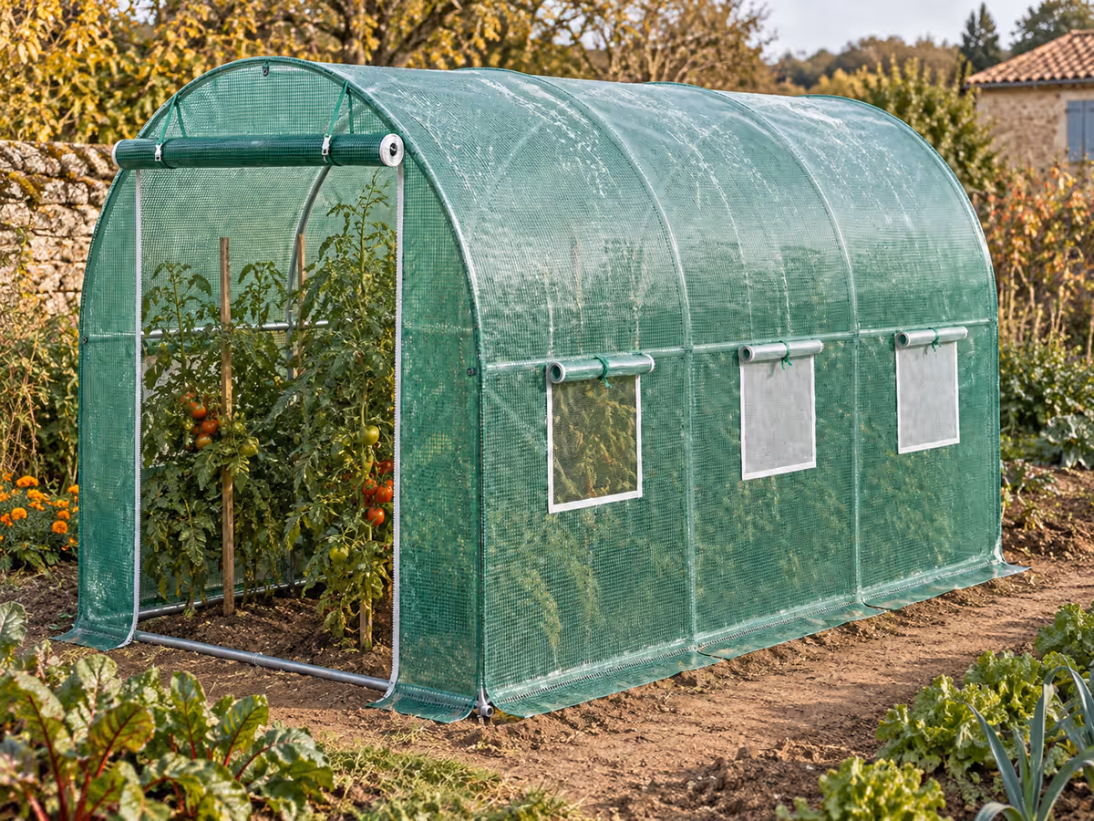 Bâche verte d'une serre tunnel tendue au-dessus de rangs de tomates, traces séchées sur la face externe, allée centrale en terre