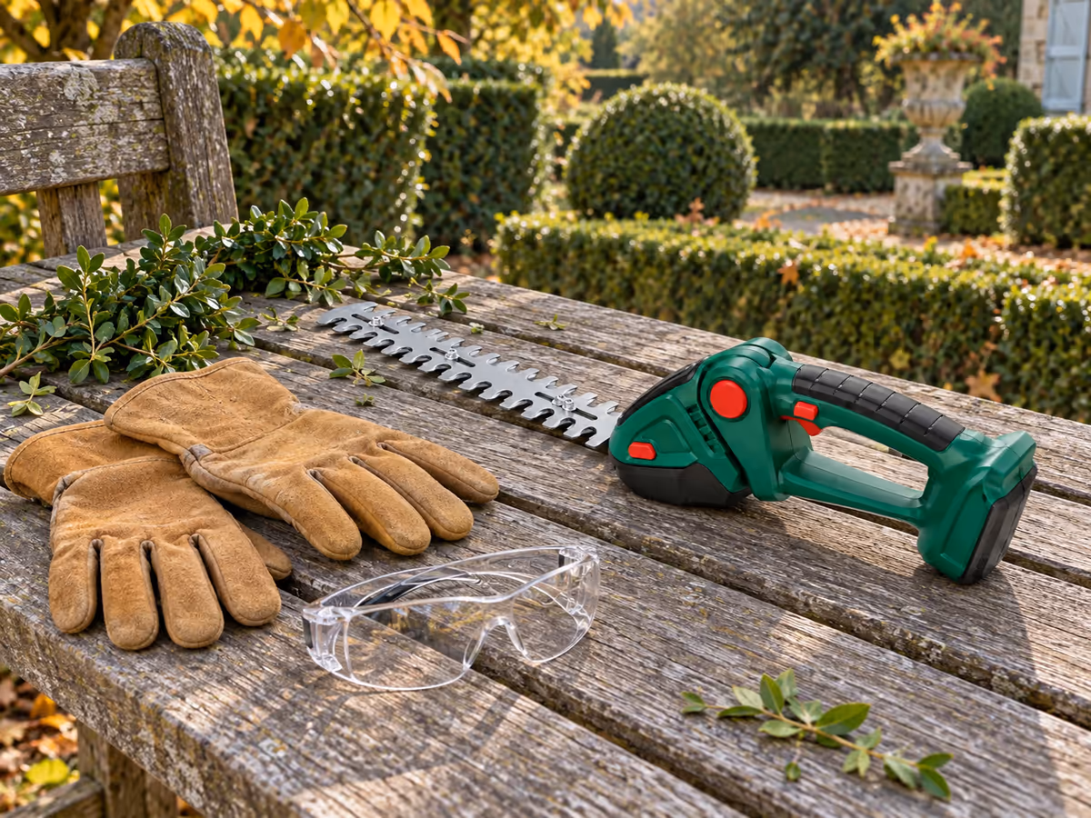 Jardinier portant des gants en cuir épais et des lunettes de protection ajustées