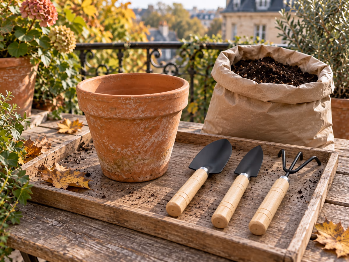 Coin de rempotage sur une table de balcon, plateau de bois, pot en terre cuite vide, sac de terreau ouvert et trois outils à main alignés sur le côté