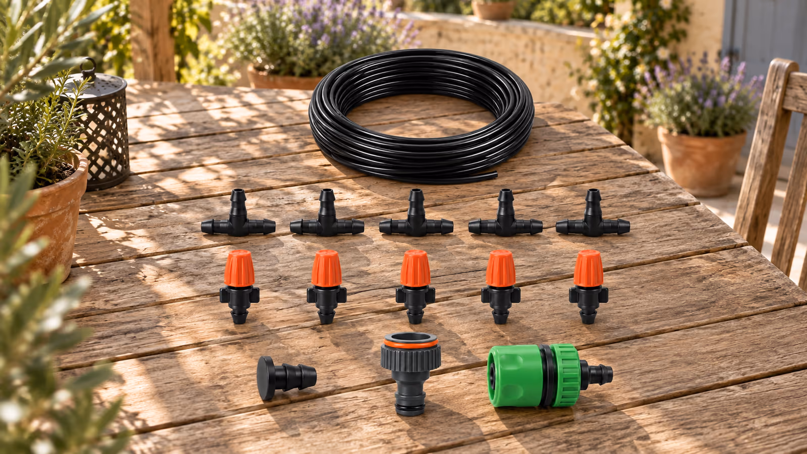 Composition d'un kit de brumisation de 5 m étalé sur une table de jardin avec ses buses et raccords