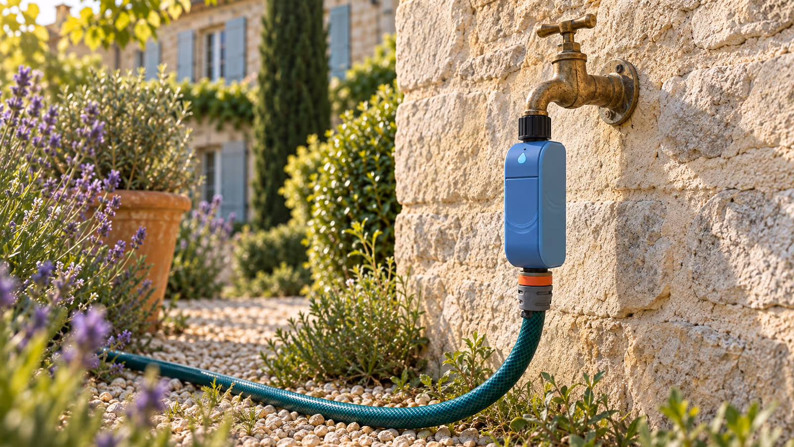 Programmateur d'arrosage connecté bleu vissé sur un robinet de façade, mur en pierre derrière, tuyau vert branché