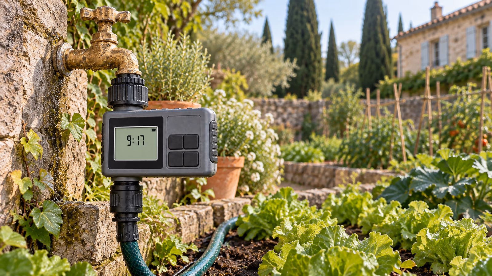 Programmateur d'arrosage vissé sur un robinet de jardin, écran LCD allumé, tuyau vert le long d'un potager au matin