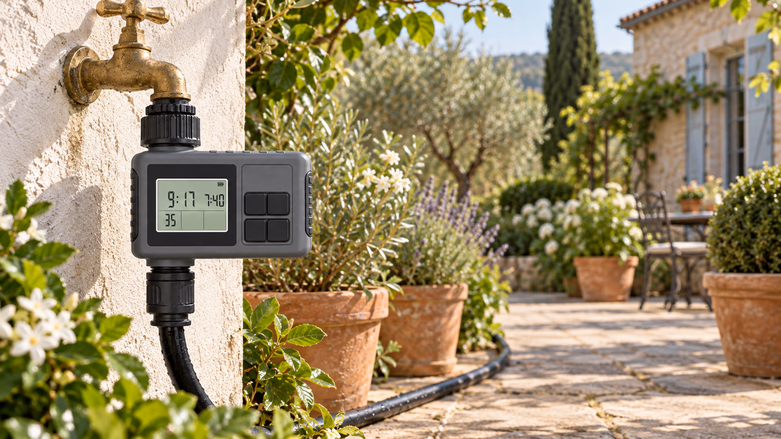 Programmateur d'arrosage à écran LCD vissé sur un robinet de mur extérieur, tuyau noir partant vers des jardinières, lumière du matin
