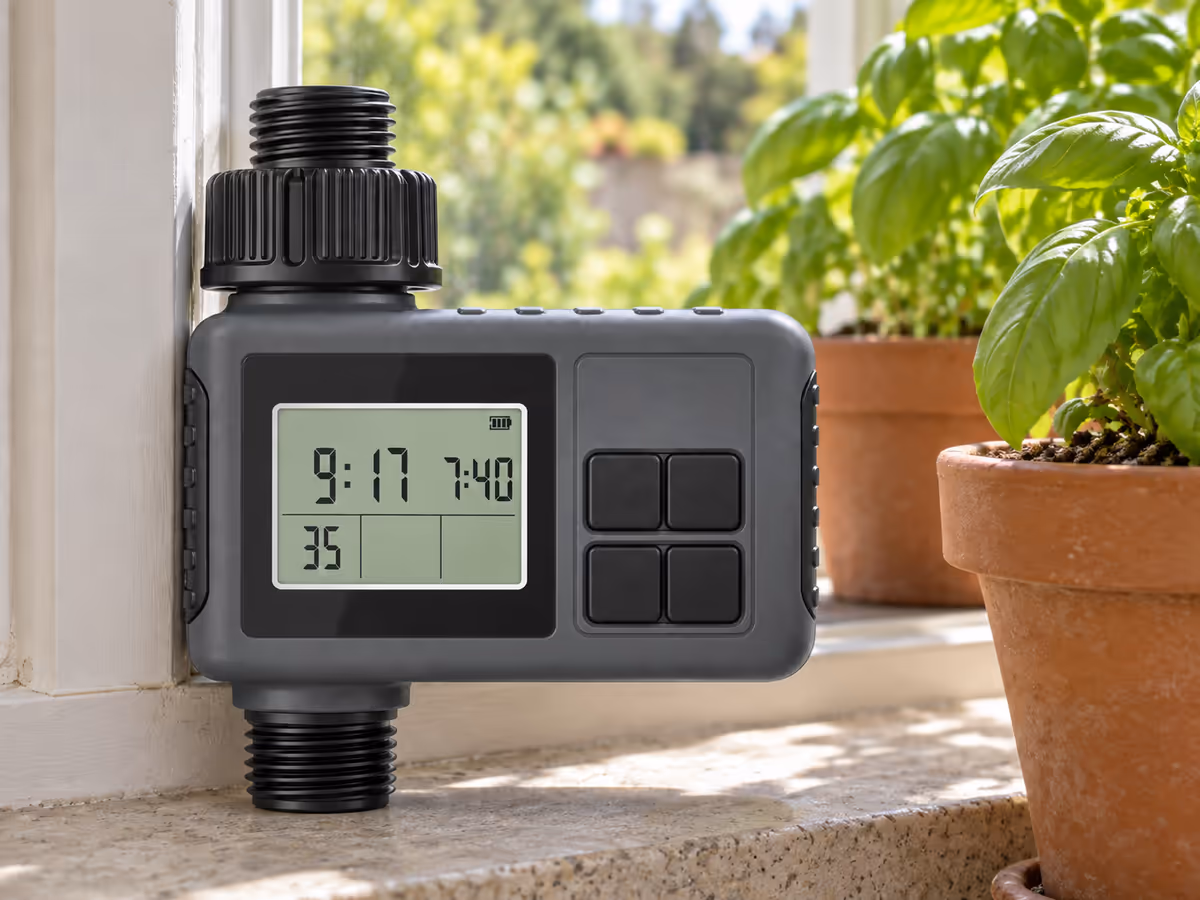 Écran LCD d'un programmateur d'arrosage posé sur un rebord de fenêtre, boutons de réglage visibles, plants de basilic à côté