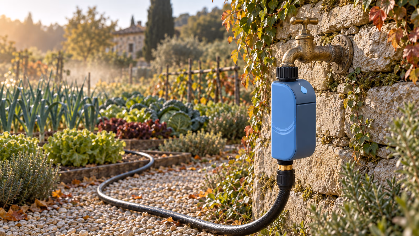 Programmateur d'arrosage connecté vissé sur un robinet de pierre, tuyau noir rejoignant un potager au petit matin