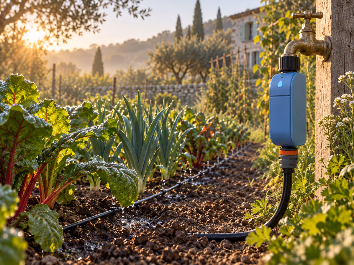 Tuyau de goutte-à-goutte posé au sol dans un potager, eau en train de s'écouler entre les rangs au lever du jour