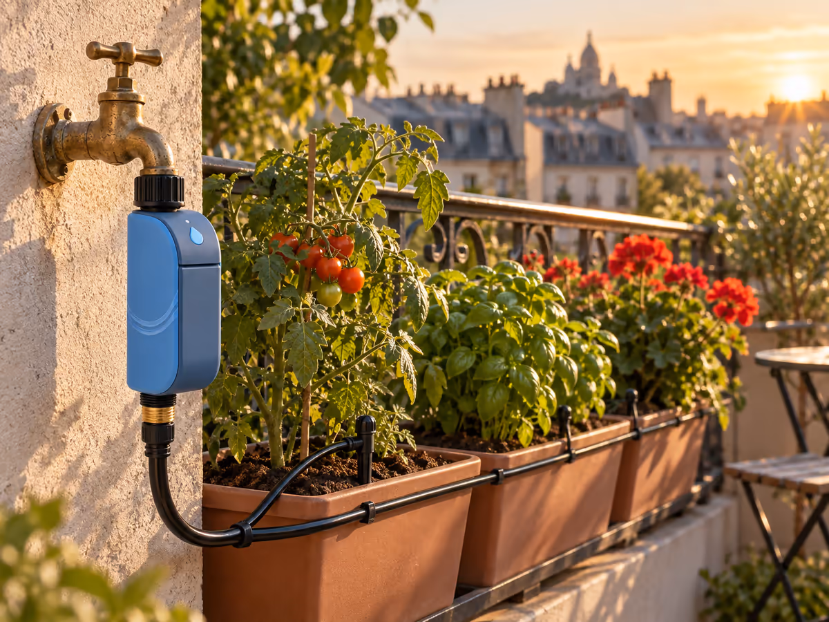 Programmateur d'arrosage vissé sur un robinet de balcon, tuyau fin desservant des jardinières alignées, fin de journée