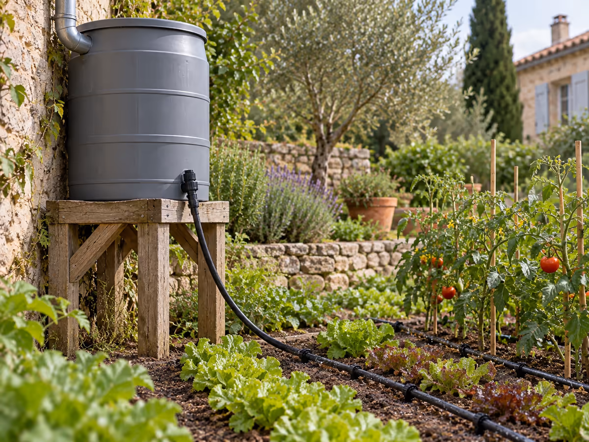 Cuve d'eau de pluie grise surélevée sur un support en bois, tuyau descendant vers des rangs de légumes